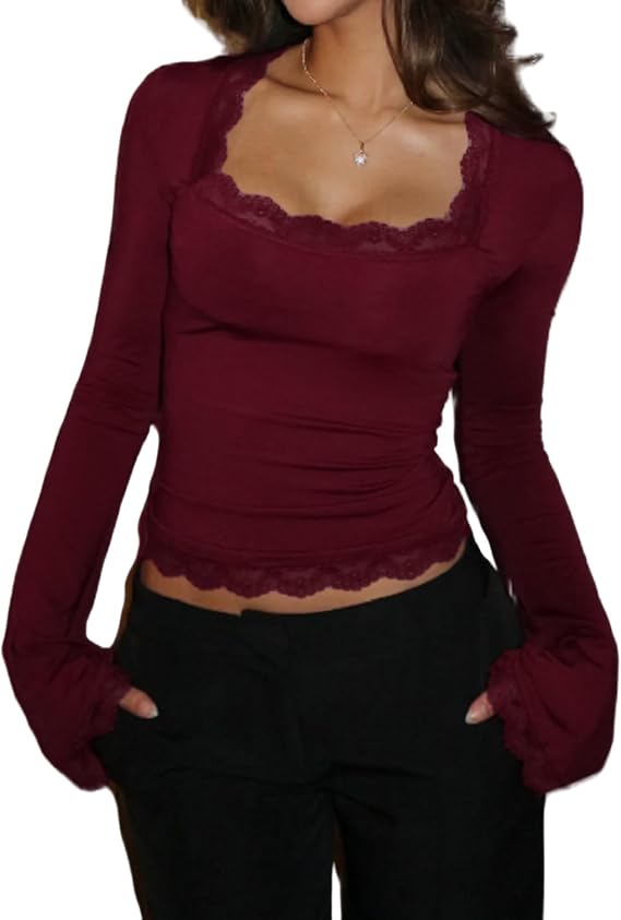 Women Bell Long Sleeve Shirt Tops Y2k Square Neck Lace Trim Crop Shirts Trendy Slim Fit Fall Going Out Blouse