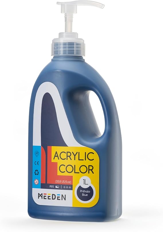 MEEDEN Phthalo Blue Acrylic Paint: 1 L /33.8 oz Satin Liquid Paint with Pump Lid - Soft Body Art Paints for Canvas, Studio, School, Wall & Poured Paintings