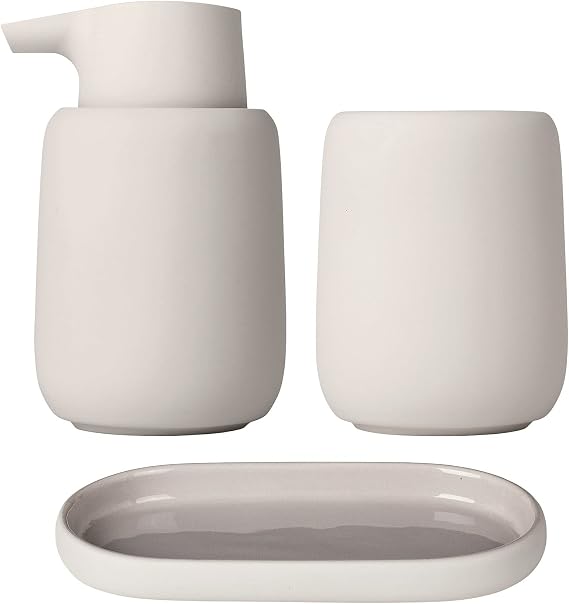 blomus SONO Modern Bathroom Accessory Set - Ceramic Soft Touch Soap Dispenser, Tumbler & Tray Organizer - Moonbeam (Cream)