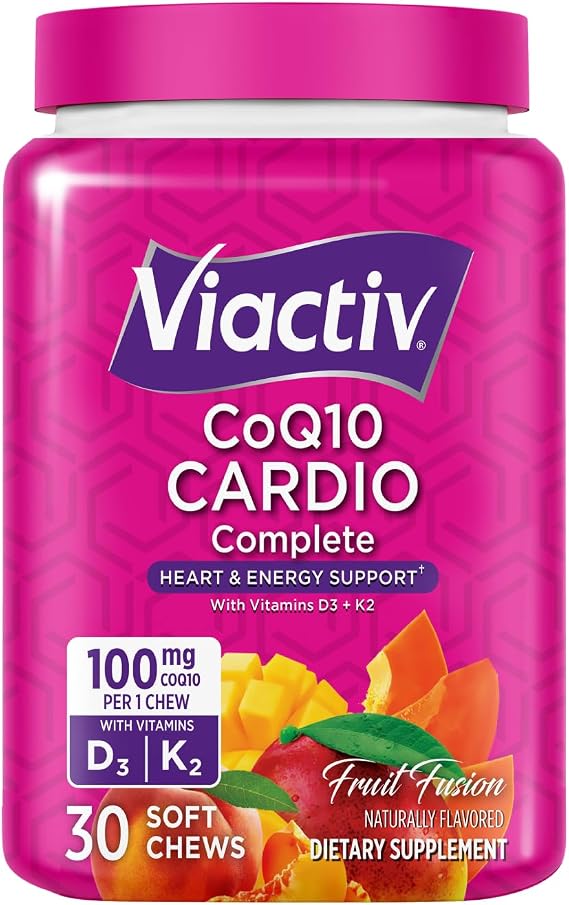 Viactiv CoQ10 Cardio Complete Chews - CoQ10 Supplement Chews for Women & Men, Coenzyme Q10 as Ubiquinone with Vitamins D3 + K2, Heart Health & Energy Support for Adults, Delicious Flavor - 30 Ct