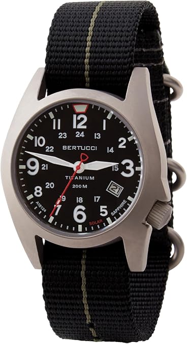 BERTUCCI 41 mm Titanium Field Watch - A-7TS Solar - Black dial, Black with Olive Pro-StripeTM Nylon Band - 12900