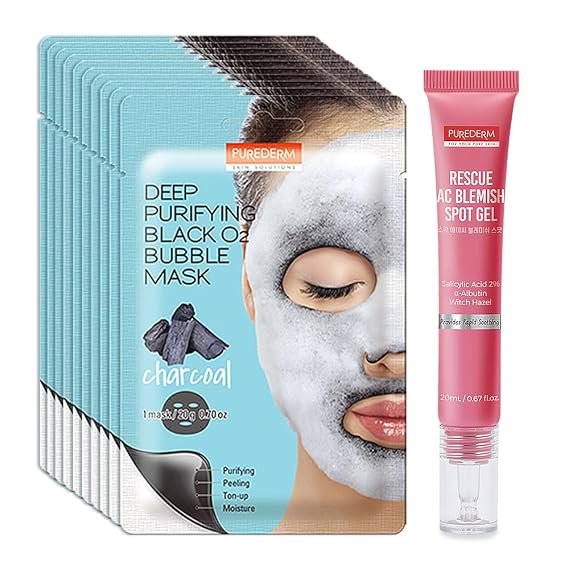 Purederm Blemish Spot Treatment Gel with Salicylic Acid 2% & Purederm Deep Purifying Black O2 Bubble Mask Charcoal (10 Pack)