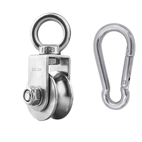Single Pulley Block 360 Degree Rotation Traction Wheel Stainless Steel Swivel Hook & Carabiner Heavy Duty for Washing Line/Rope Loading 500kg Gym