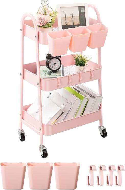 danpinera Rolling Cart with 3 Levels Metal Rolling Cart Kitchen with Lockable Wheels & Hanging Cups & Hooks Mobile Craft Trolley for Kitchen Bathroom Office Workshop Pink