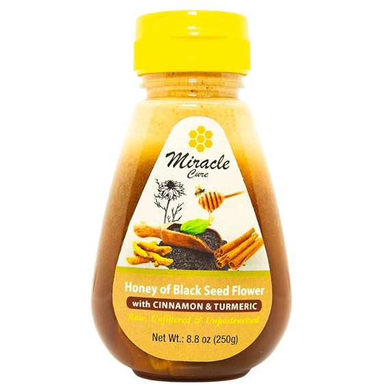 Mujezat Al-Shifa Black Seed Honey with Cinnamon & Turmeric Squeezable - (Black Cumin - Nigella Seeds) - Not Mixed with Oil or Powder - Gluten Free - Non GMO - Immune Booster - 100% Natural Raw Honey 250g / 8.8oz