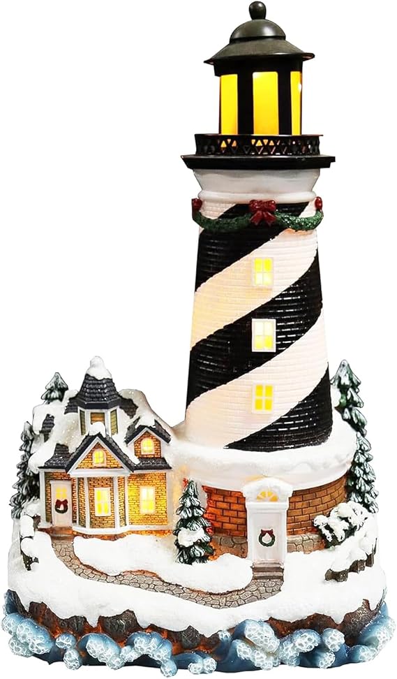 MOMENTS IN TIME 13.7H Lighthouse - LED Lights, Adapter Included Christmas Village - Hand-Painted Polyresin
