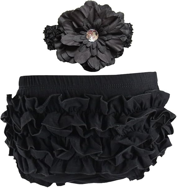 Wennikids Baby Girls' Cotton Ruffle Diaper Covers Headband Set - Multicolor Small Black
