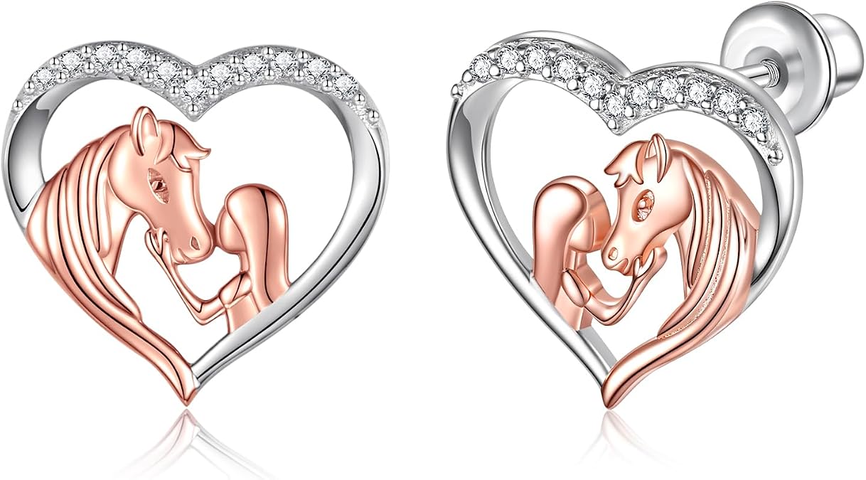 Hypoallergenic Lucky Horse Stud Earrings 925 Sterling Silver Lucky Horse in Heart earrings Embrace Horse earrings Equestrian Birthday Gift