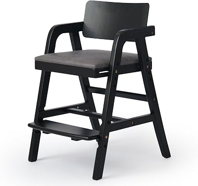 Solid Wood High Chair for Toddlers, Baby Highchair, Adjustable HighChair for BabiesToddlers with Removable Cushion, Children Kids DiningChair, Teens Study Chair with Steps Black