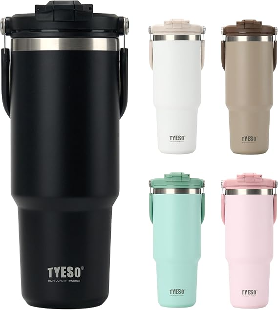 TYESO Tumbler with Flip Straw & Sip Lid, Vacuum Insulated Water Bottle, Double Wall Stainless Steel Coffee Cup Travel Mug Leak Proof (BLACK, 30 OZ)