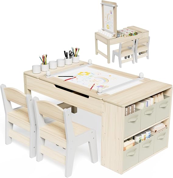 MAMIZO Kindertisch mit 2 Stühlen Spieltisch mit Stauraum Gelb Kindertisch Holz Kindersitzgruppe mit Wendbarer Tischplatte Mal und Basteltisch für Kinder ab 3 Jahre