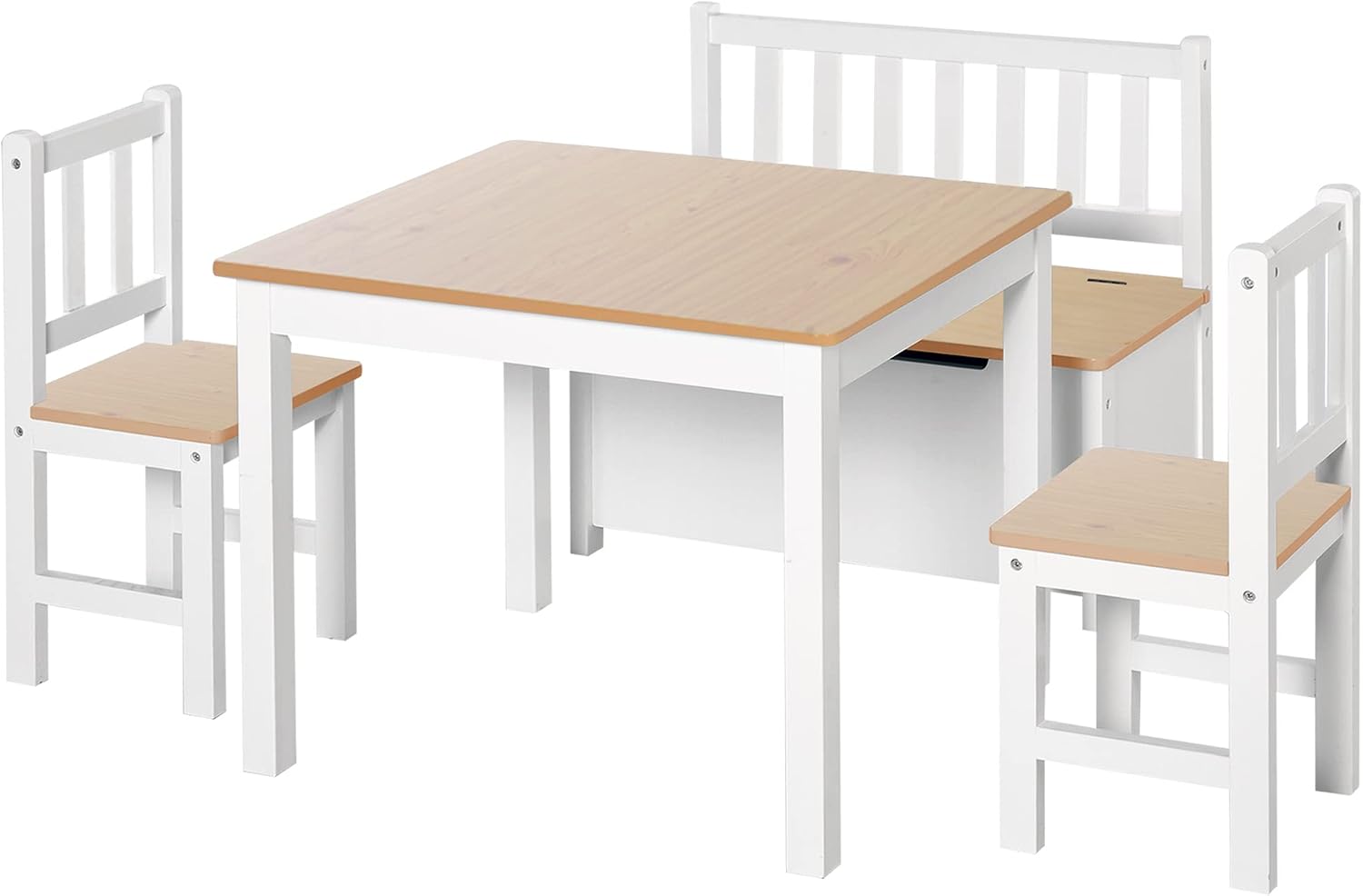 Qaba 4-Piece Kids Table Set with 2 Wooden Chairs, 1 Storage Bench, and Toddler Activity Table with Interesting Modern Design, NaturalWhite