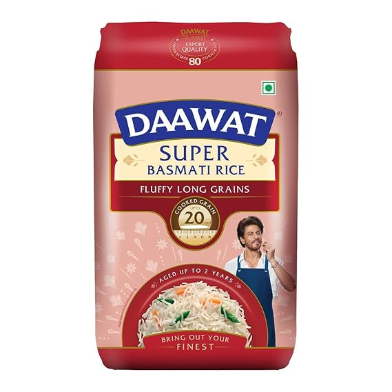 Daawat Super Basmati Rice | Naturally Aged Long-Grain Rice | Fluffy & Non-Sticky | Perfect for Everyday Cooking, Biryani & Pulao | 1 kg (2.2 lb)