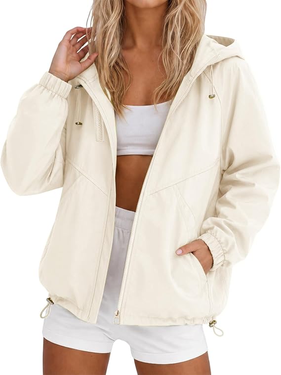 Lightweight Waterproof Jacket Womens Rain Coats for Women Summer Long Sleeve Full Zip Raincoat with Hooded Breathable Windbreaker Softshell Jackets with Pockets for Hiking Walking Cycling Outwear