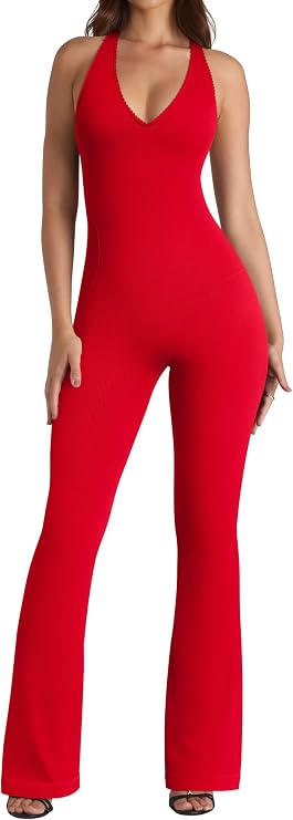 OQQ Jumpsuits for Women Halterneck Lace-Trim Flared Jumpsuits