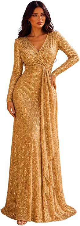 Long Sleeve Sequin Dress For Women Formal Gowns Sparkly V Neck Maxi Dress