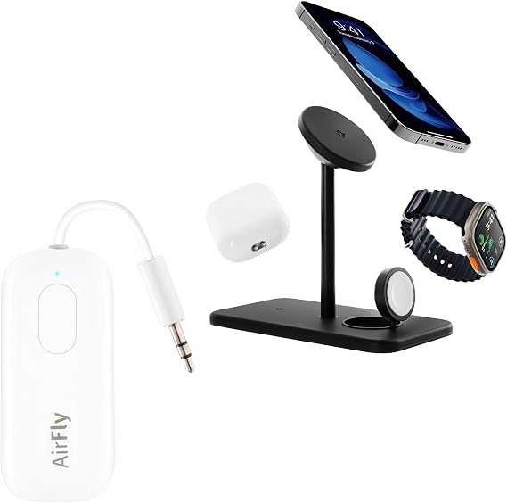Twelve South AirFly Pro Bluetooth Wireless Audio Transmitter Receiver & Twelve South HiRise 3 Deluxe, Compact Luxury MagSafe Charging Stand