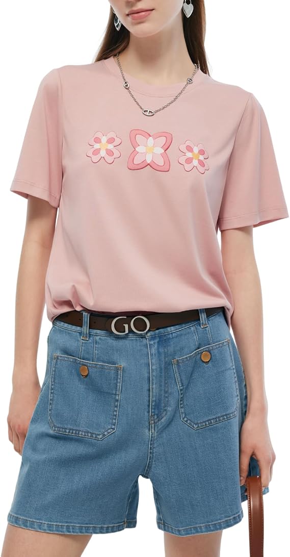 GOELIA Women's Summer Pink T-Shirt Flower Print Cotton T Shirts Round Neck Short Sleeve Tops Loose Fitted Cute Going Out Tops