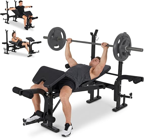 Multi-Function Adjustable Foldable Weight Bench, 1680 LBS Capacity Full Body Workout Bench Press with Leg Developer, Preacher Curl Rack, Weight Plate Holders, Incline Decline Flat Utility for Home Gym