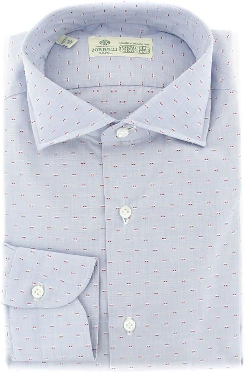Luigi Borrelli Blue Patterned Button Down Spread Collar Cotton Slim Fit Dress Shirt, Size Small 15.5