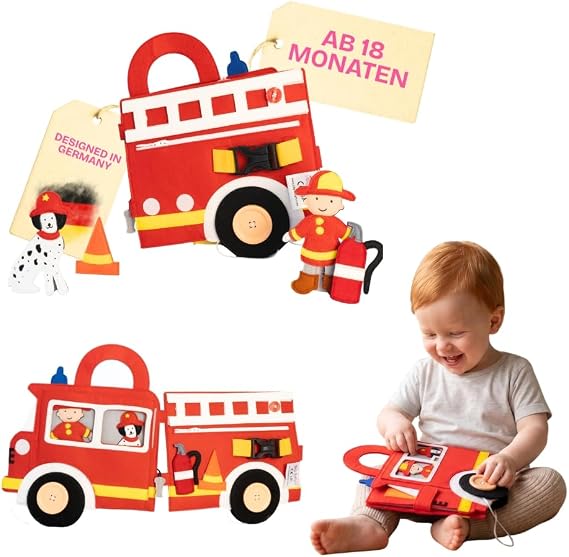 Jolly Designs Travel Buddy Feuerwehr – Montessori Spielzeug ab 18 Monaten – Busy Book & Stoffbuch aus Filz – Lernspielzeug & Motorikbuch für Kleinkinder – Reisespielzeug Baby & Kinder