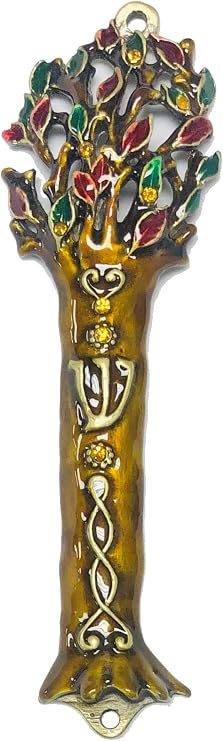 Judaica Place Mezuzah Case Jeweled Enamel Holder - Bronze Tree Shape Fits a 7cm Size Scroll
