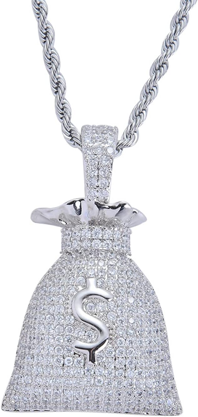 Jewelry Men Hip Hop Money Bag CZ Cluster Pendant Iced Out Bling Cubic Zircon 18K Gold Plated Diamond Necklace with Stainless Rope Chain
