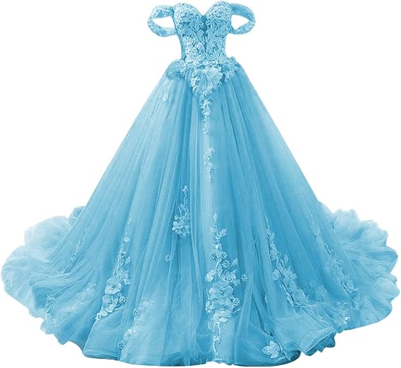 JAEDEN Prom Dress Quinceanera Dresses - Lace Off Shoulder Tulle Long Princess Prom Dress Blue US4
