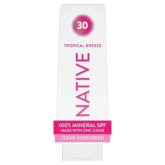 Native Mineral Sunscreen Lotion SPF 30, Tropical Breeze Scent, with 100% Mineral Zinc Oxide for Face & Body, Hawaii Compliant, Vegan, No White Cast - 7 oz