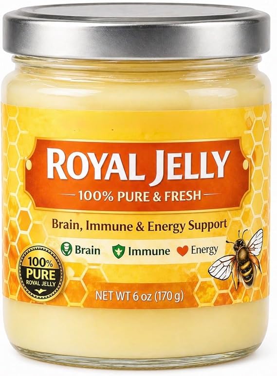 Royal Jelly Organic Unfiltered Raw Royal Jelly Energy Supplement for Men and Women Immune Support Supplement with Retinol, Vitamin B, Biotin, Niacin 6oz Glass Jar