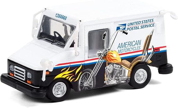 Greenlight 30249 United States Postal Service Long-Life Postal Delivery Vehicle (LLV) - American Motorcycles Collectible Stamps LLV (Hobby Exclusive) 1:64 Scale