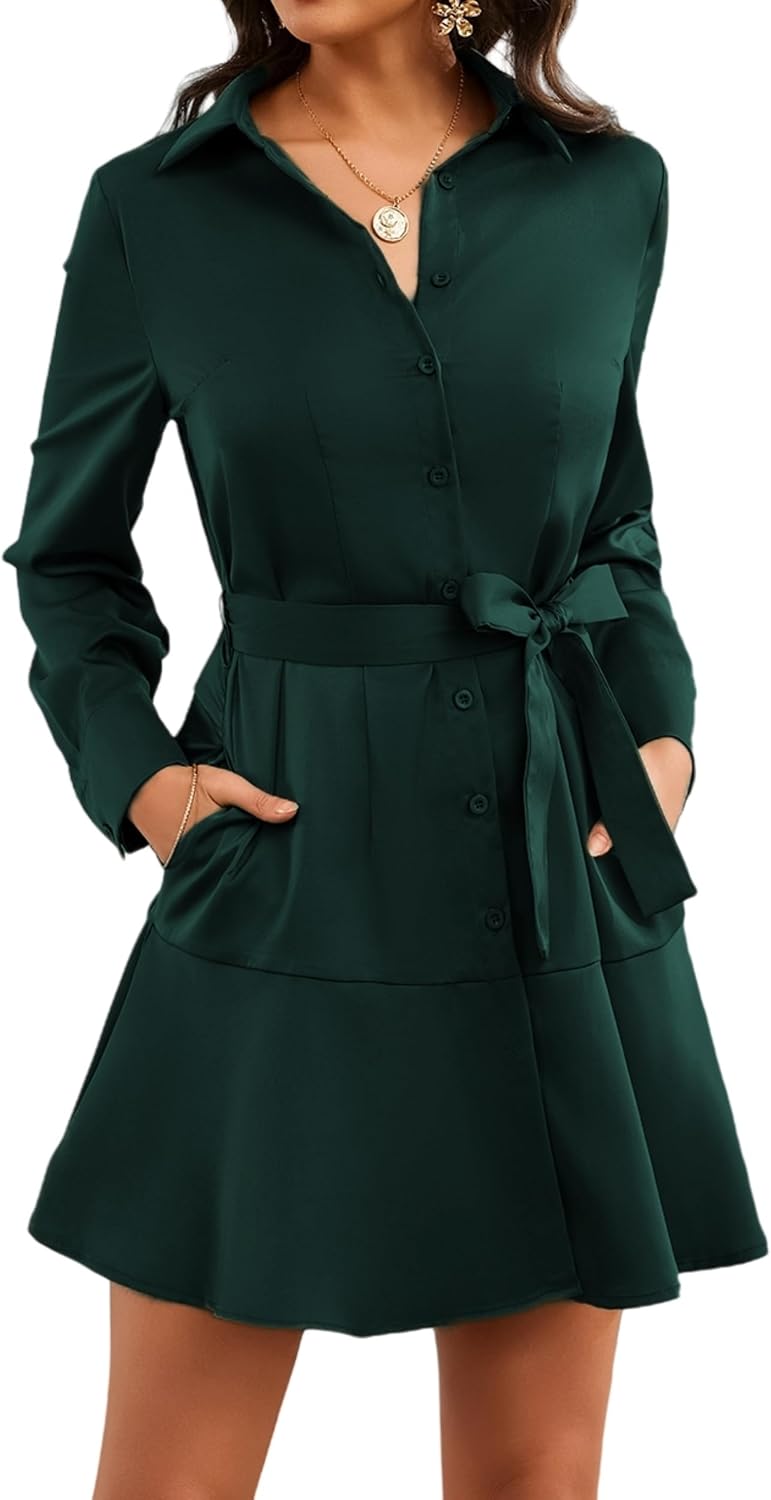 Womens Long Sleeve Collar Button Up Shirt Dress with Belt for Work