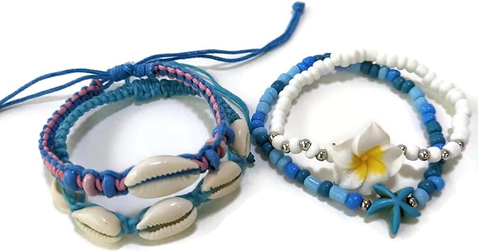 Handmade Set of Braided Bracelets Cowrie, Starfish, Flower, Turtle Charm Hawaii Boho Surfer Bracelets Anklets for Teen and Women