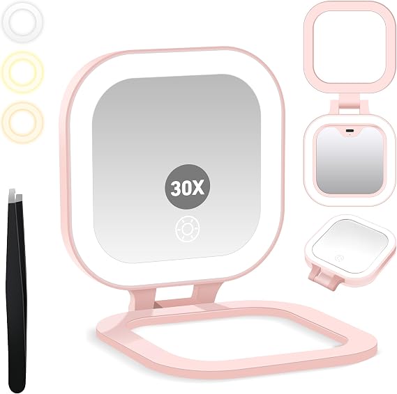 GOMIPURU Travel Mirror with Light, 1x/30x Magnifying Mirror with 3 Color Lights and Adjustable Brightness, 4.5x3.9 inch Small Compact Hangable Hand Pocket 3 Way Mirrors,  with Tweezer