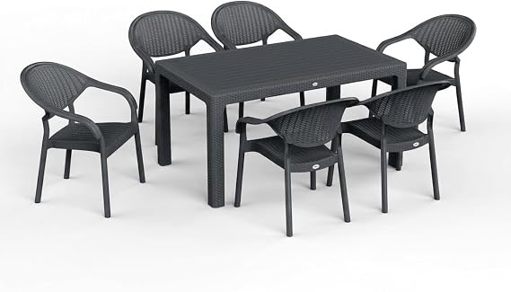 90 x 150 Bambu Plastik Rattan Camsız Bahçe Balkon Teras Masa Sandalye Takımı 6 Kolçaklı Sandalyeli (Antrasit)