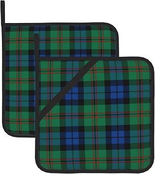 Pot Holders Set of 2, Clan Dundas Bright Blue and Green Scottish Tartan Heat Resistant Kitchen Non Slip for Women Men Cooking Barbecue Baking Microwave BBQ