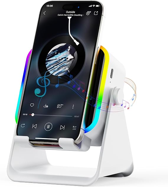 Wireless Induction Speaker - 5 in1 Bluetooth Speaker Phone Stand with Colorful Ambient Light 360 Rotation Compatible with iPhone Android iPad Samsung Galaxy- Unique Birthday Gift for Men Women Adults