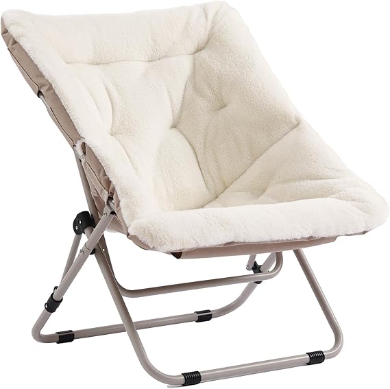Furlide Saucer Chair, Comfy Bedroom Chairs, Oversized Folding Faux Fur Chair, Foldable Metal Frame Chair for Living Room, Balcony, Patio, Study, Playroom (Beige)