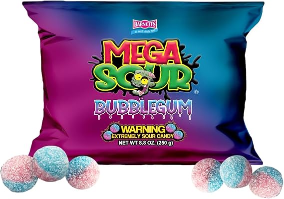 Barnetts - Mega Sour Candy Bubblegum 250g - Trendy Sweet Bags - Traditionally Handmade Sweets - Sour Coating Lasts 20 Seconds - Candies for Party Bag, Gift Hamper, or Hamper Box
