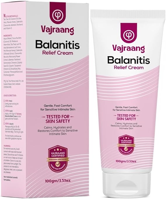 Vajraang Balanitis Relief Cream for Men – Comforts from Foreskin Itch, Redness & Glans Irritation – With Tea Tree Oil, Manuka Honey & Calendula – For Uncircumcised 100ml