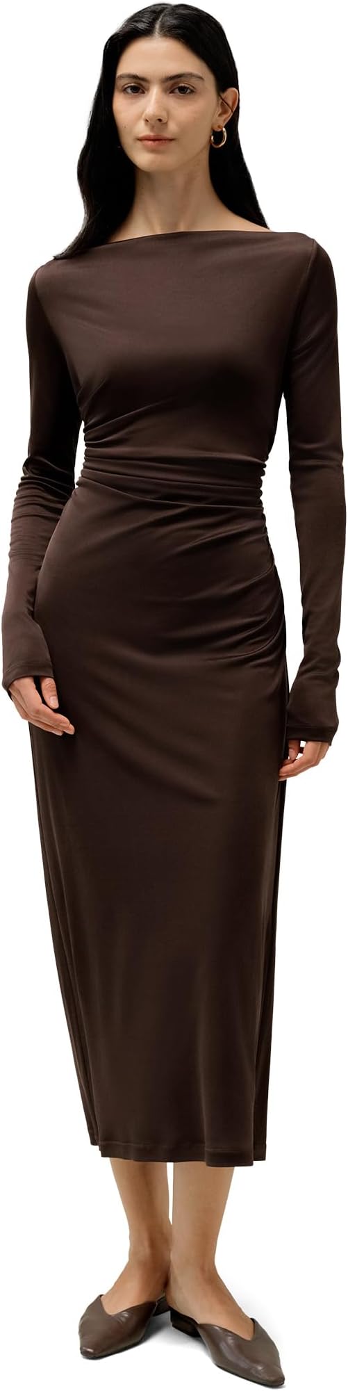 LilySilk Women Silk Dress Ladies Silk Jersey Midi Dress Boatneck Long Sleeves for Everyday Wear