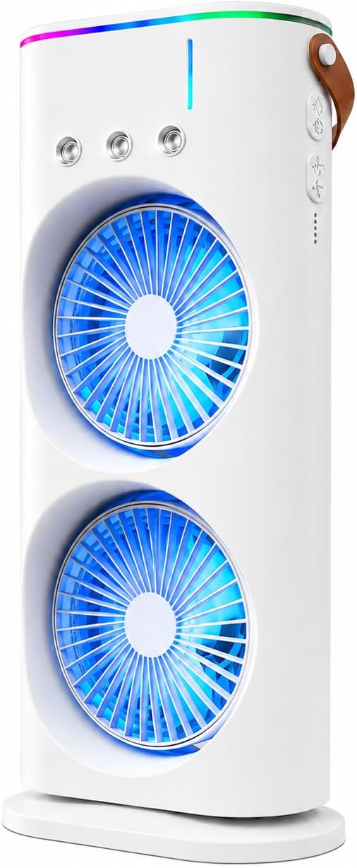 Taşınabilir Çift Fanlı Nemlendirici Masaüstü Vantilatör, BLDC Sessiz Motor, 360° Dönebilen Bağımsız Fanlar, 3 Hız Kademesi, 280 ml Su Tankı, USB Type-C Şarjlı, RGB Işıklı Mini Hava Soğutucu