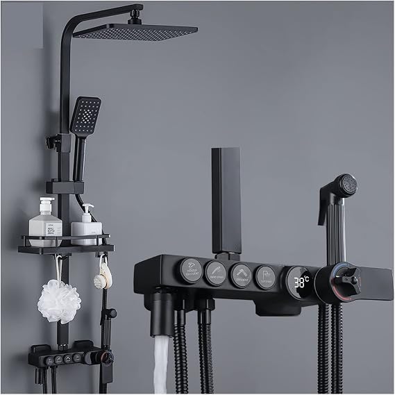 Digital Shower Set LED Rainfall Shower Panel Tower System Display Thermostat Black Bath and Shower Faucet Set Bathroom Tub Tap with Shelf Water Flow Generates Electricity Easy Installation Wall Mount