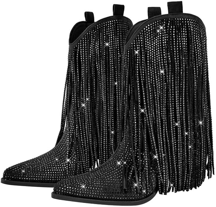 richealnini Rhinestone Fringe Ankle Boots for Women Pointed Toe Block Heels