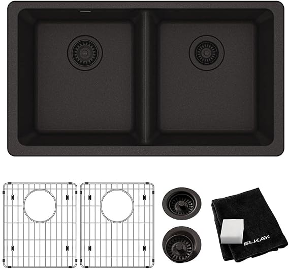 Elkay Quartz Classic ELGU3322BK0C 33" x 18-1/2" x 9-1/2", Equal Double Bowl Undermount Sink Kit, Black
