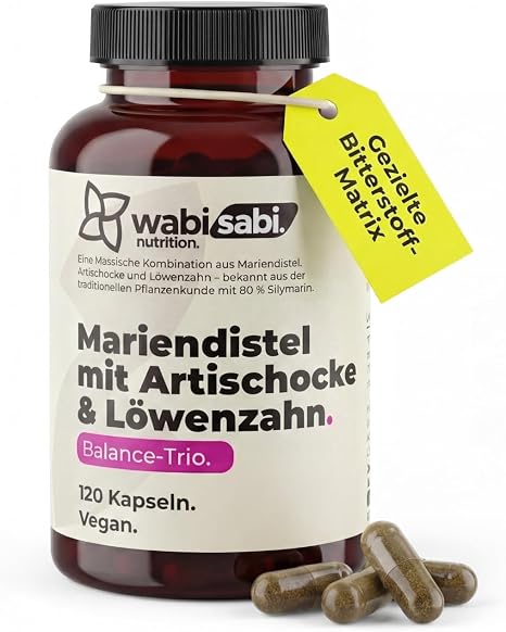wabi sabi Milk Thistle Artichoke Dandelion Complex - 120 Vegan Capsules - Supply for 4 Months - 250 mg Milk Thistle 200 mg Silymarin - High Dosage Tested Supplement - German Quality Brand