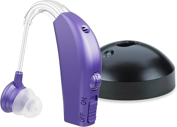 Digital Hearing Aid Amplifier Set - Rechargeable Behind the Ear Personal Sound Amplification Device - for Adults and Seniors with All-Day Battery Life, (Single Unit, Purple)