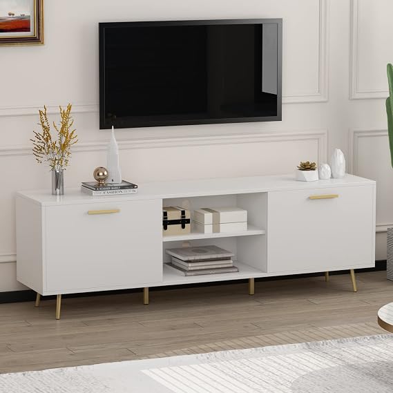 ECACAD Modern TV Stand for TVs up to 75 Inch, Entertainment Center TV Console Table with 2 Doors, 2 Open Shelves & Gold Metal Legs for Living Room, Bedroom, White (69L x 15.6W x 22.4H)
