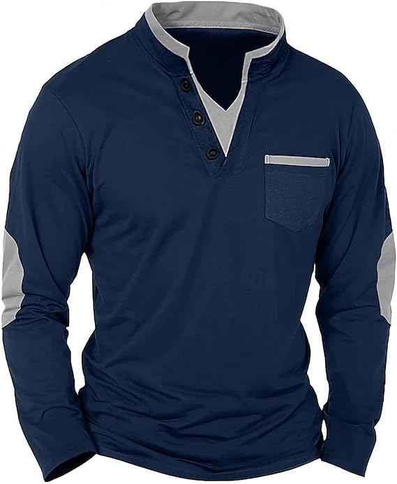 Men's Long Sleeve Henley Shirt Lace Patchwork V Neck Pullover Top Casual Stand Collar Muscle Sweatshirt with Pocket