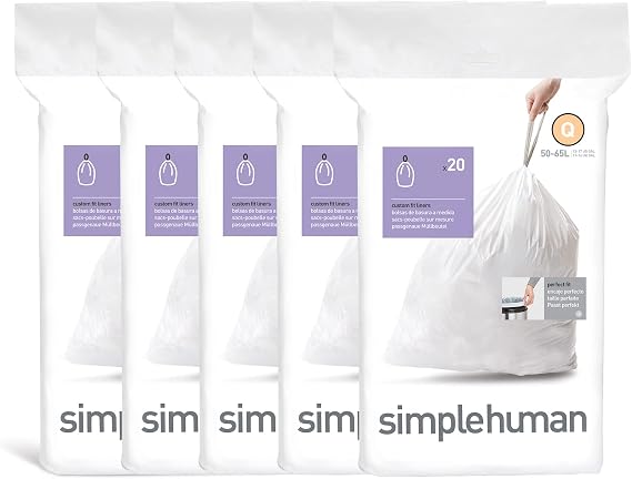 simplehuman Code Q 100 Liners, 50% Recycled Custom Fit Bin Bags in Dispenser Packs, Durable Drawstring Tie Handle, 50-65L, White